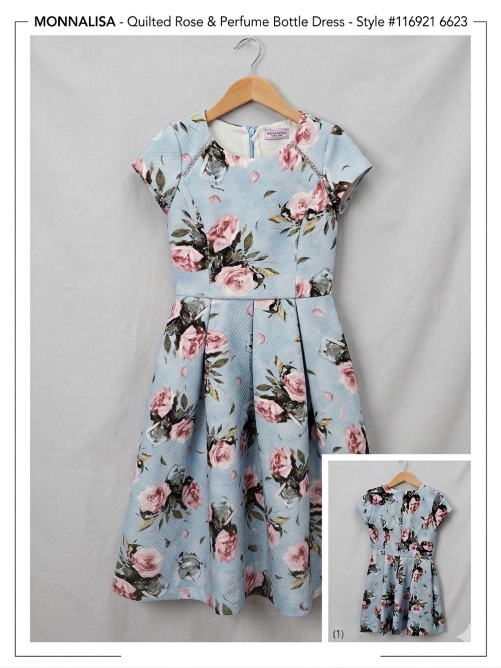 MonnaLisa Blue Quilted Rose Print Fit-&-Flare Dress